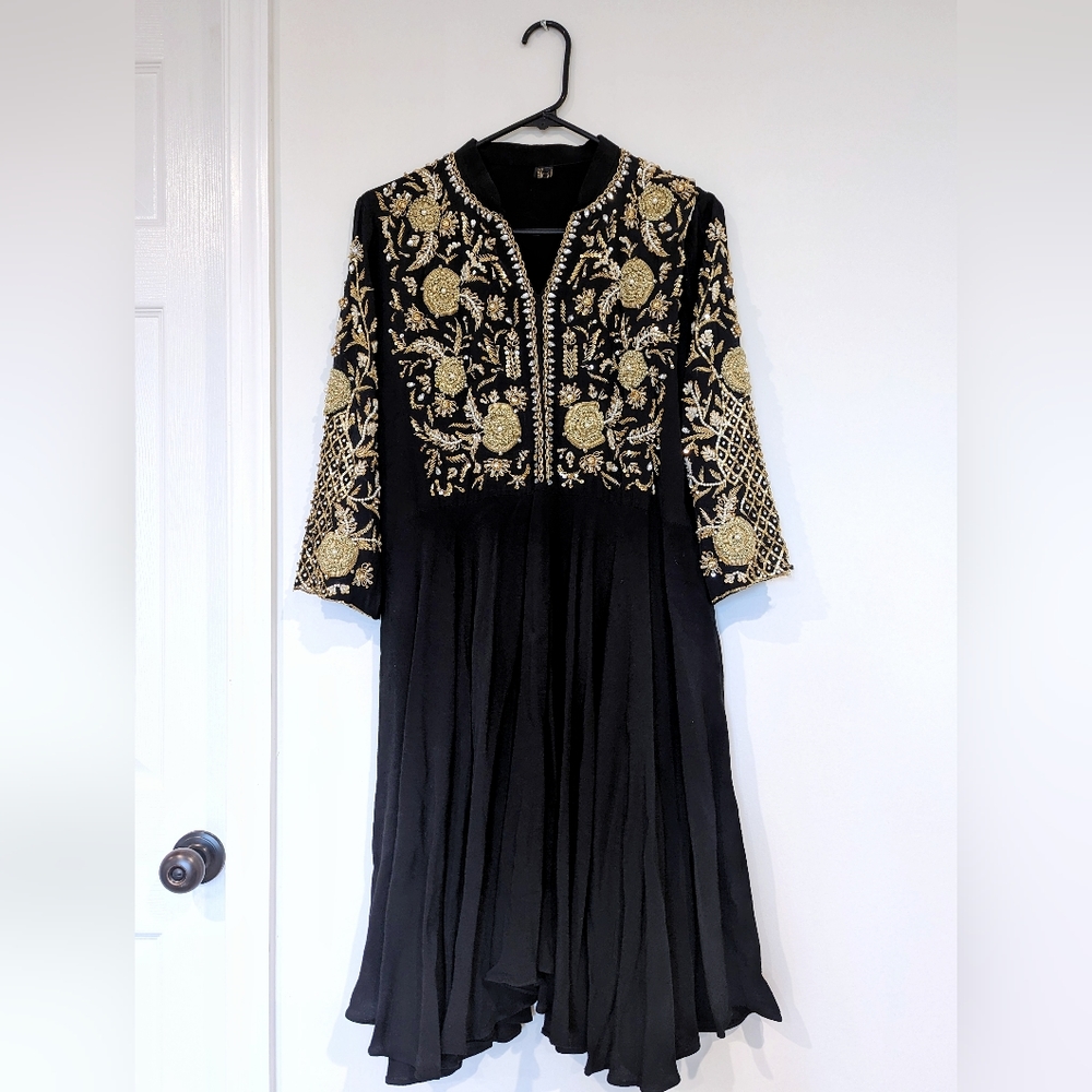 Gorgeous Black Gold Embroidered Desi Dress for Indian Wedding Sz L